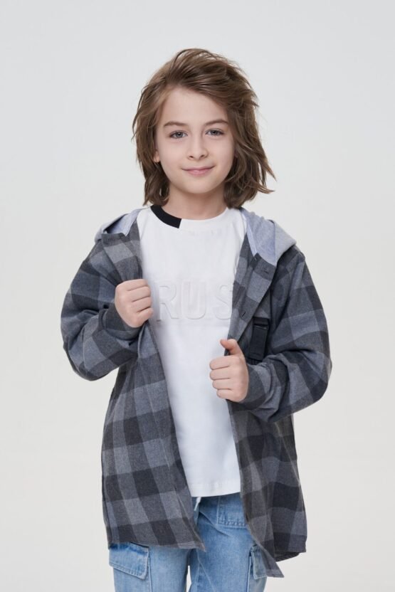 Сорочка в клетку с трикотажным капюшоном и принтом